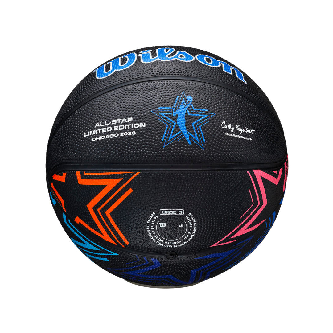 A Wilson basketball in the Chicago 8088 All-Star Limited Edition, featuring a black textured leather surface with blue, orange, and pink graphic accents and white text.