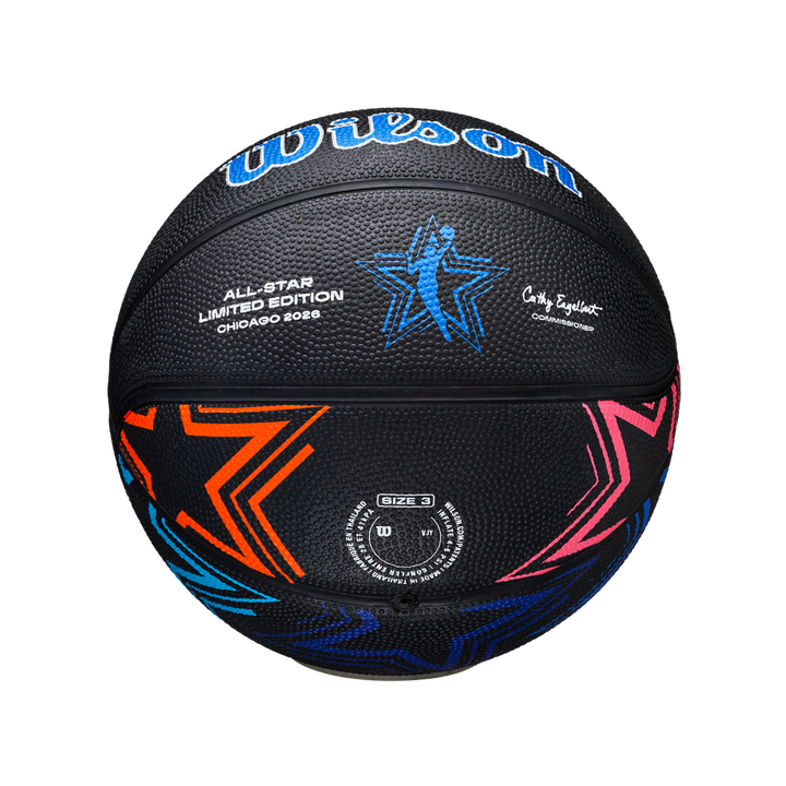 A Wilson basketball in the Chicago 8088 All-Star Limited Edition, featuring a black textured leather surface with blue, orange, and pink graphic accents and white text.