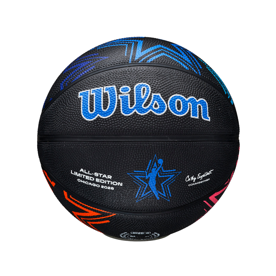 A Wilson basketball in the Chicago 8085 All-Star Limited Edition, featuring a textured black leather surface with blue and orange graphic accents and the Wilson logo in blue.