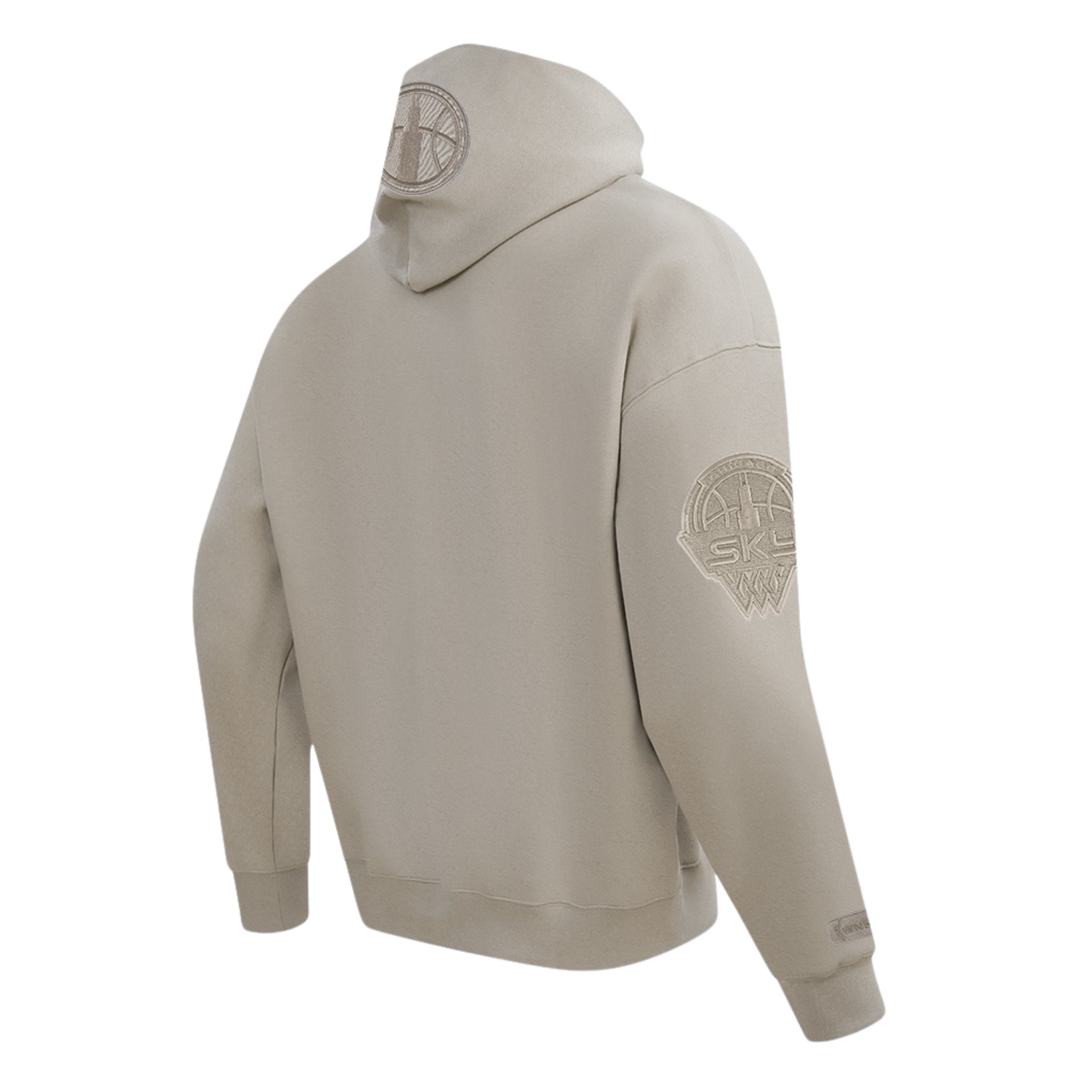 Beige hoodie with logo on chest and sleeve against a white background