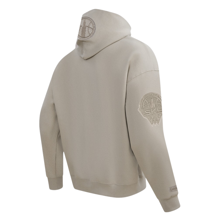 Beige hoodie with logo on chest and sleeve against a white background