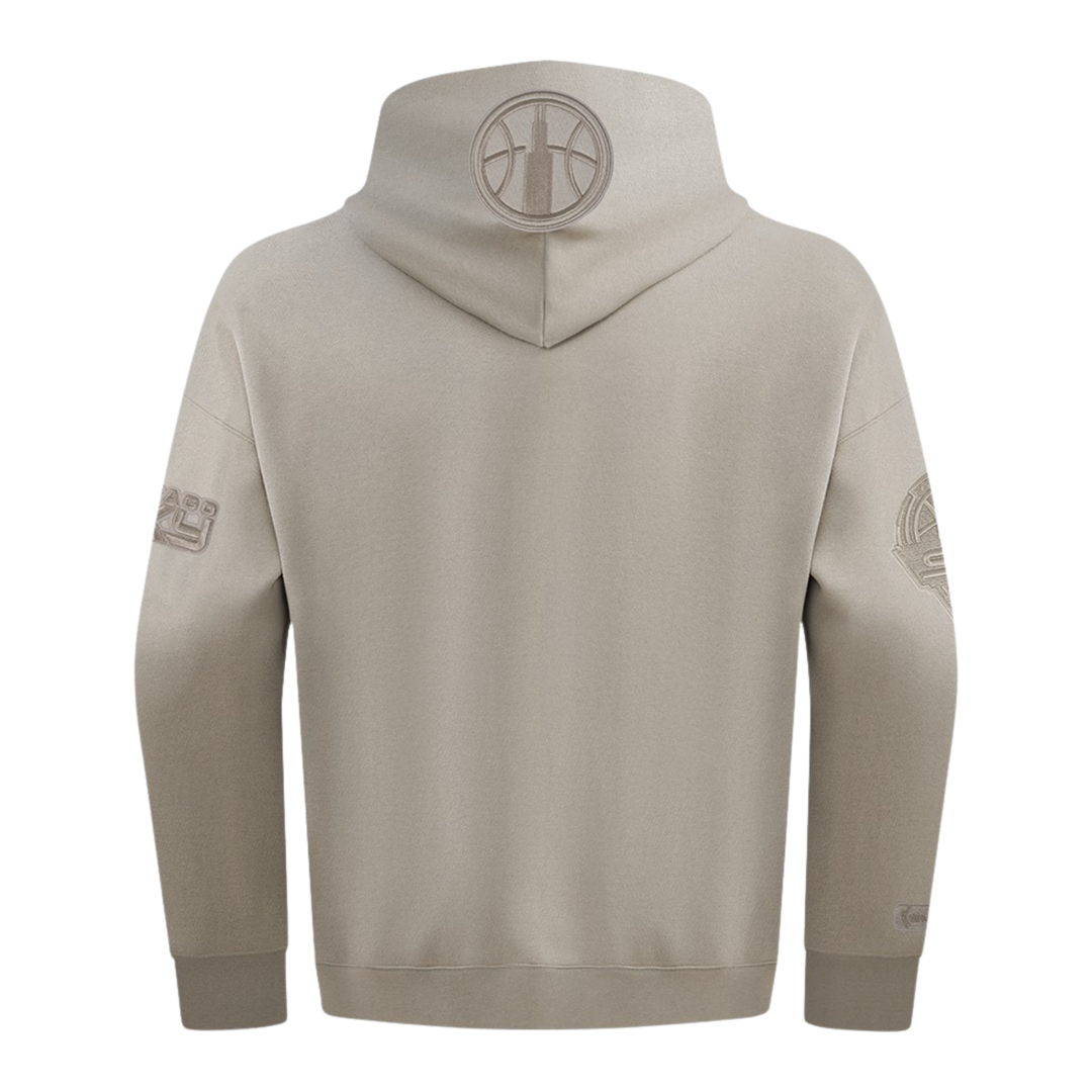 Beige hoodie with a logo on the back against a white background