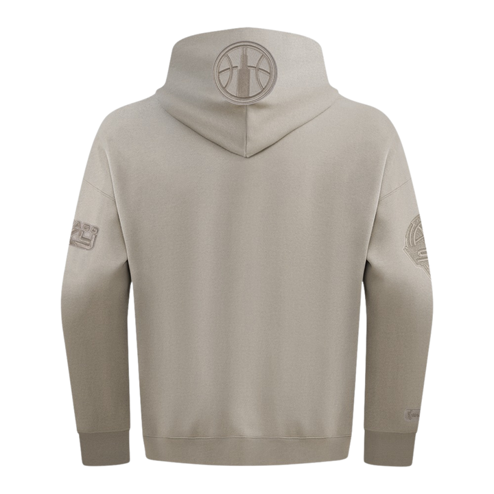 Beige hoodie with a logo on the back against a white background