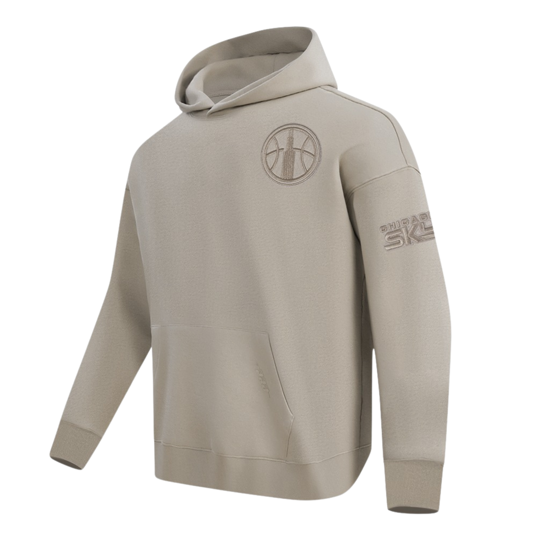Beige hoodie with branding on a white background