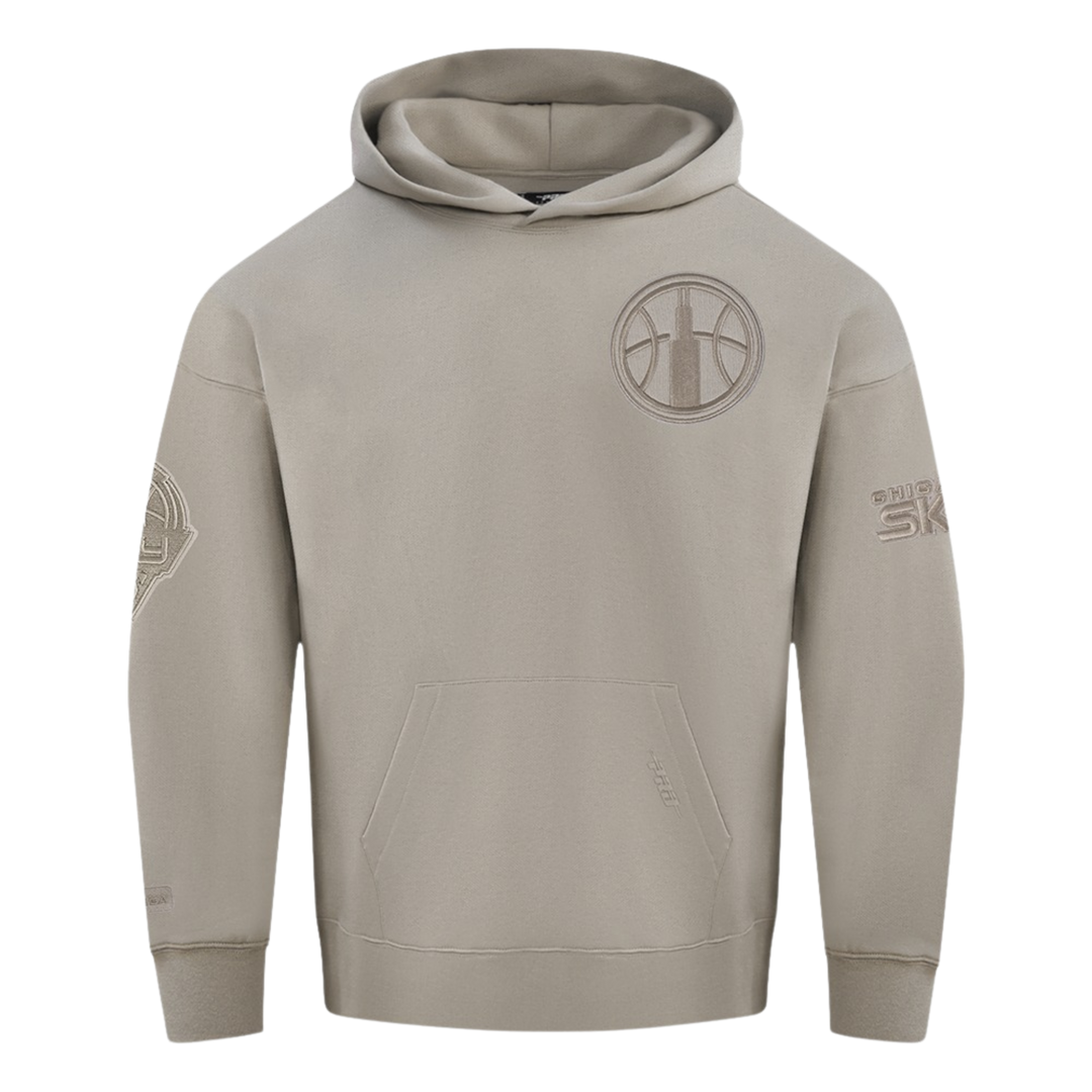 Beige hoodie with branding on a white background