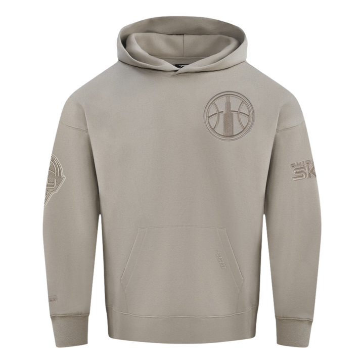 Beige hoodie with branding on a white background