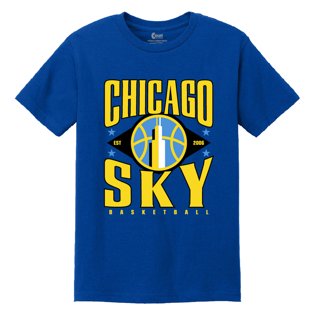 A royal blue short-sleeve t-shirt with a yellow and black Chicago Sky basketball graphic on the front, displayed against a solid white background.