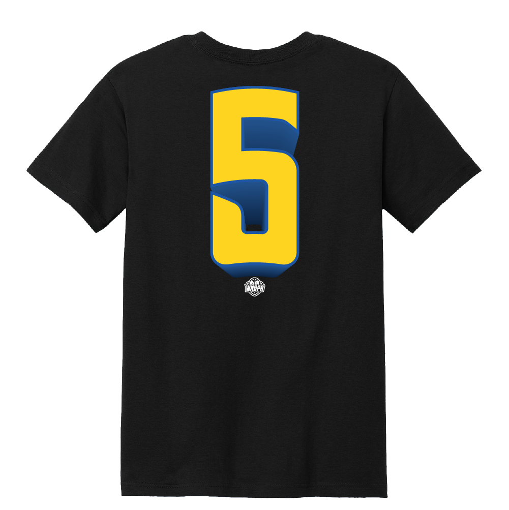 Black t-shirt with a large yellow and blue number 5 on the back against a white background