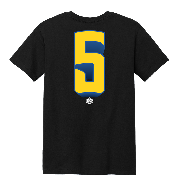 Black t-shirt with a large yellow and blue number 5 on the back against a white background
