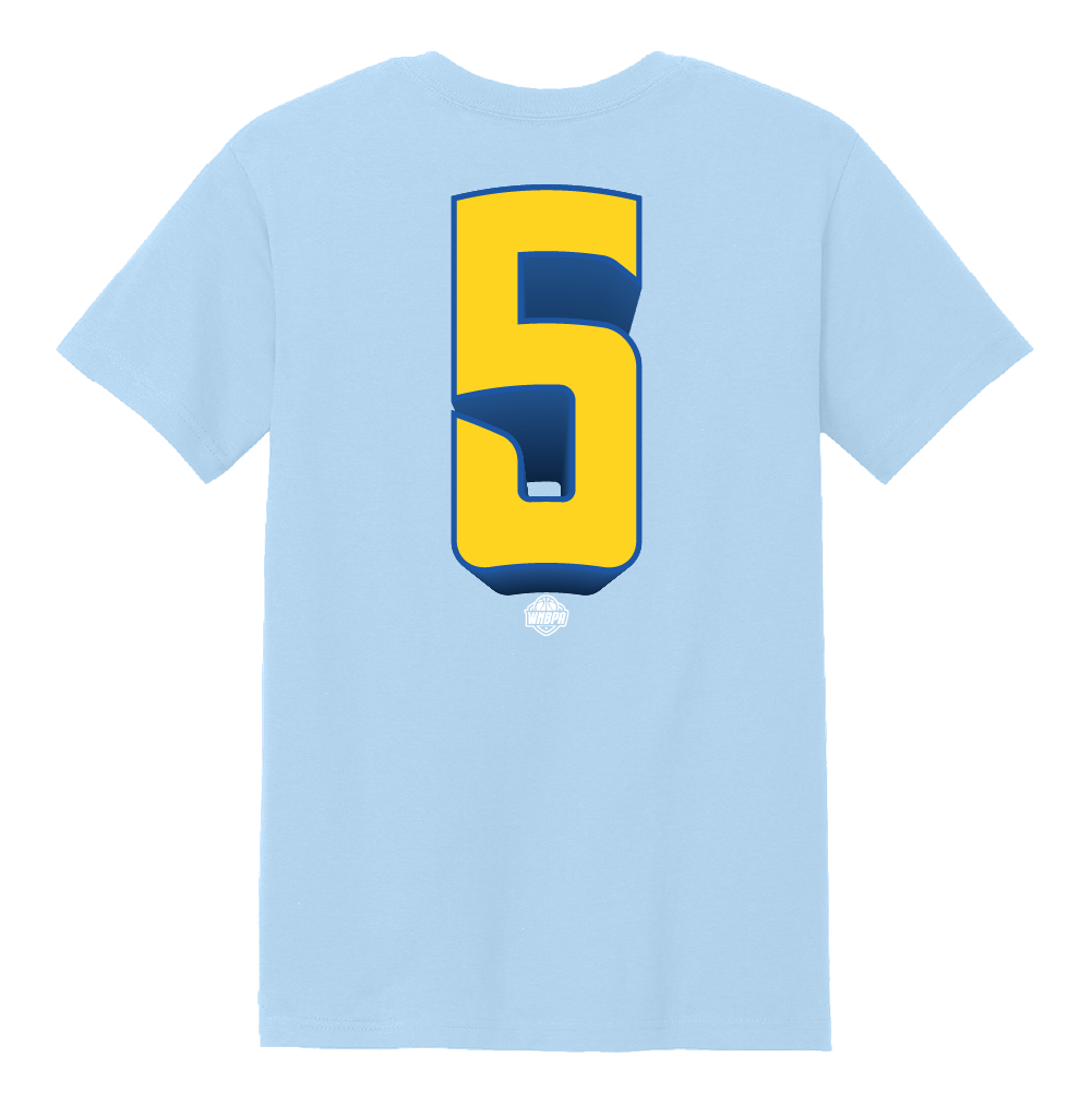 Light blue t-shirt with a yellow and blue number 5 design on the back against a white background