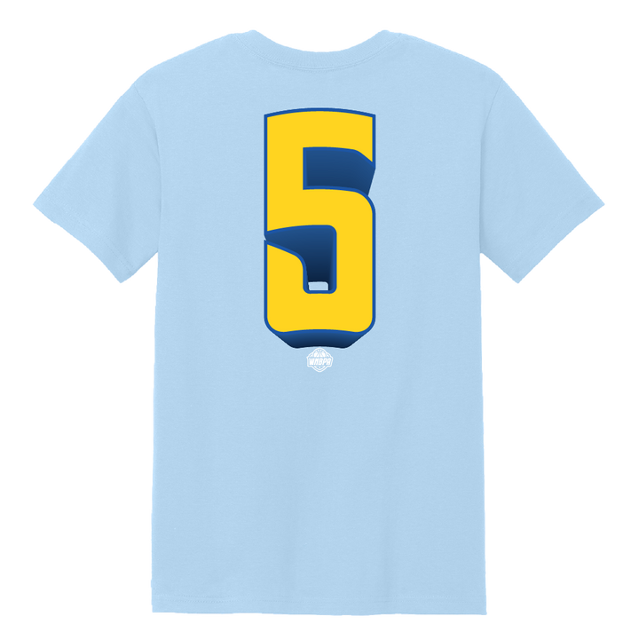 Light blue t-shirt with a yellow and blue number 5 design on the back against a white background