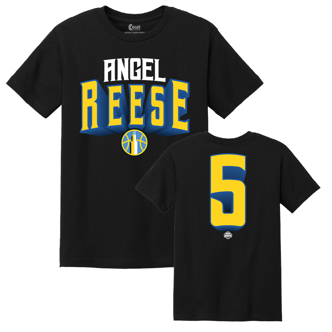Black t-shirt with 'Angel Reese' and number '5' design on a white background
