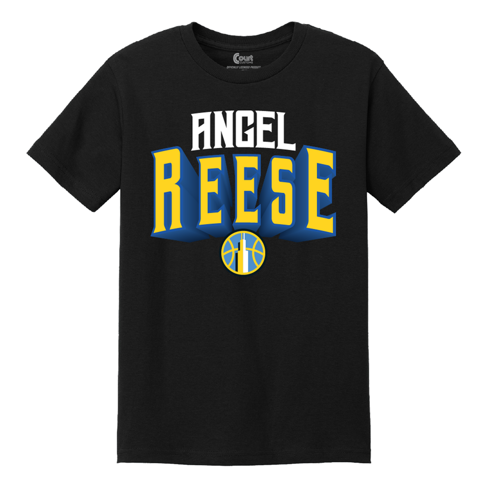 Black t-shirt with 'Angel Reese' printed in yellow and blue on a white background