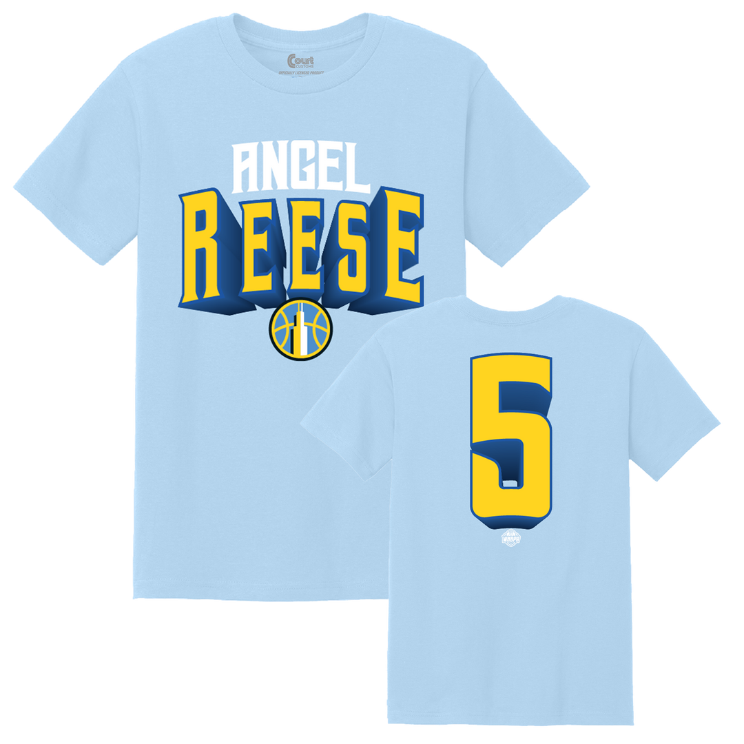 Light blue t-shirt with 'Angel Reese' and number '5' print on a white background