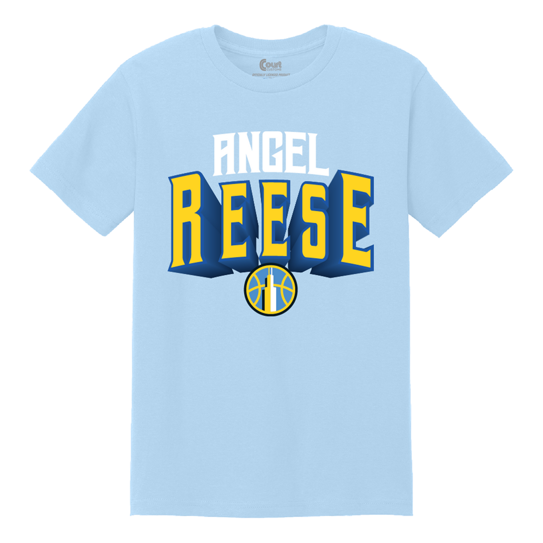 Light blue t-shirt with 'Angel Reese' printed in yellow and blue on a white background