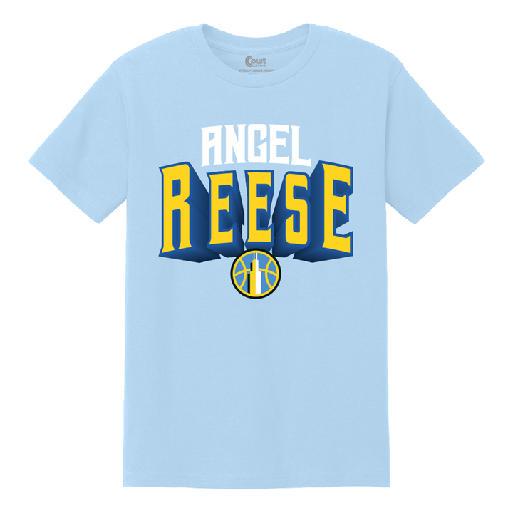 Light blue t-shirt with 'Angel Reese' printed in yellow and blue on a white background