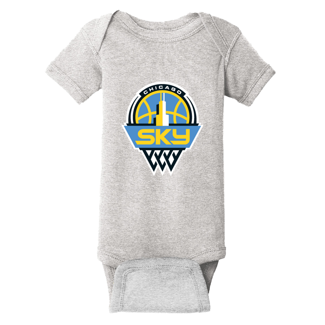 Gray baby onesie with Chicago Sky logo on a white background