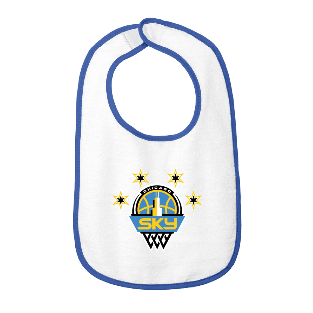 White bib with blue trim featuring the Chicago Sky logo on a white background